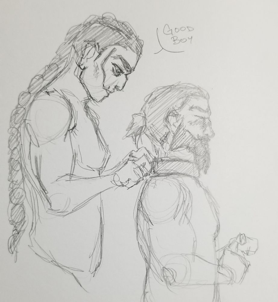 A very rough sketch if Rain putting a thick leather collar on Blackwall while calling him a "good boy". This also shows off Rain's very long mohawk braid going to the small of her back, also better displaying the height difference with Rain being a head taller than Blackwall. Rain still has some of her war paint on her face making it look somewhat like a skull