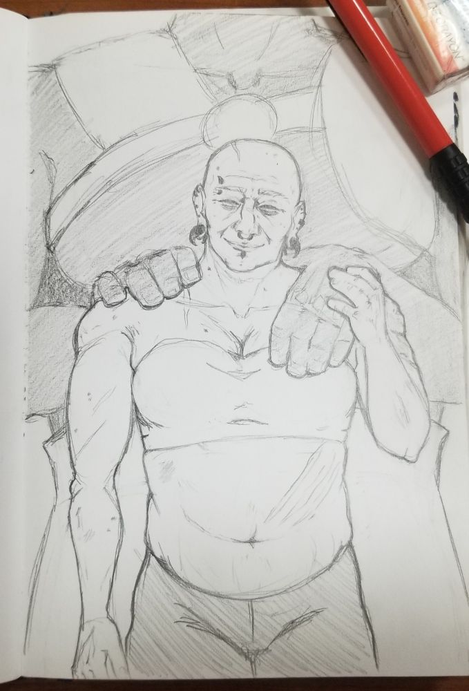 Sketch of an older, bald woman in a band bra and pants. She looks strong despite her sagging skin and is covered in scars and spots -- her left shoulder is covered in a burn scar. She has a bunch of piercings including gauged ears, septum and lower lip.
