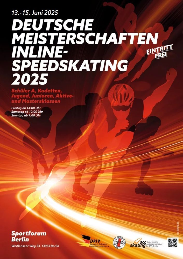 Ein Ankündigungsplakat für die Deutsche Meisterschaften im Speedskating in Berlin am 13.-15.6.2025. 