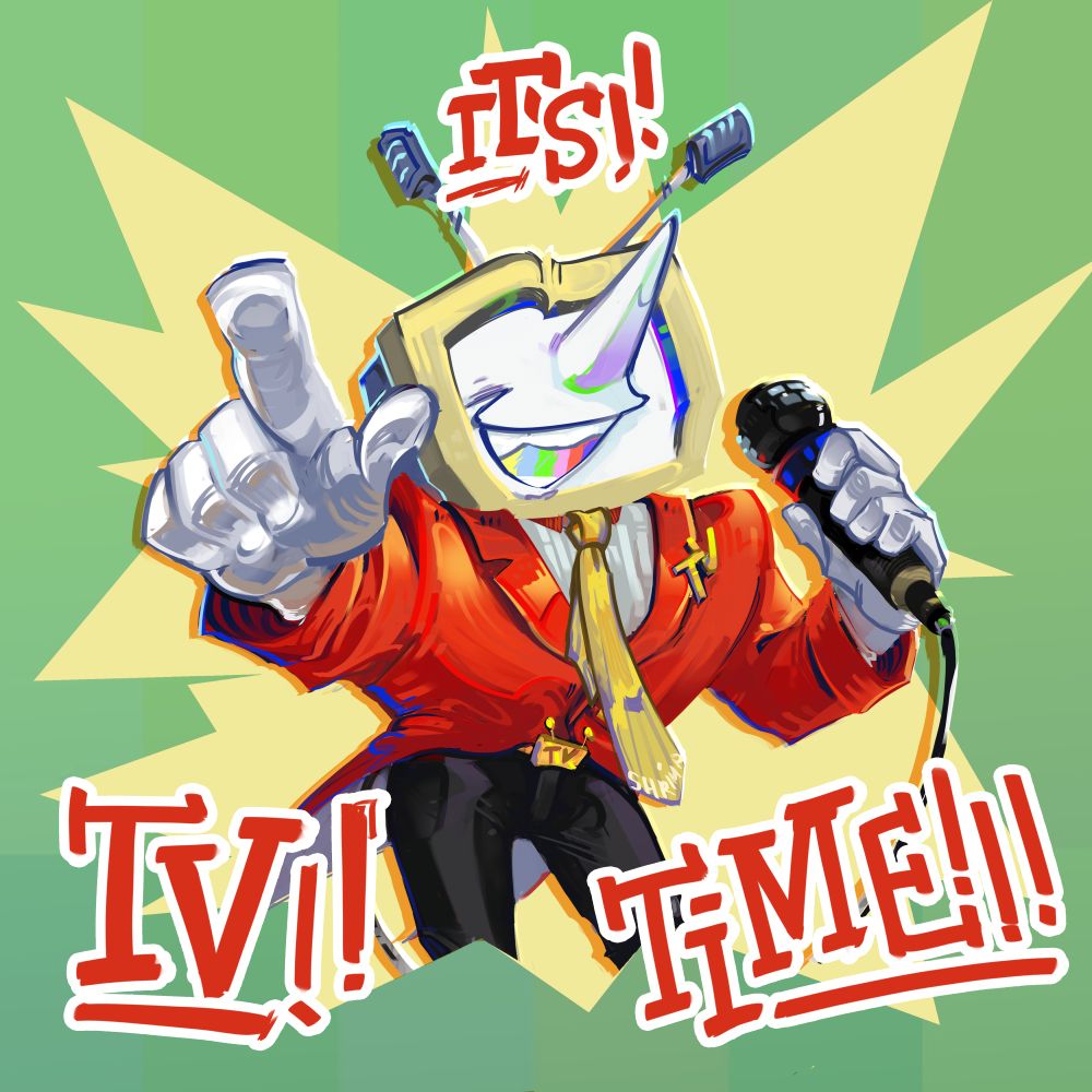 A digital drawing of Mr. "Ant" Tenna, a character from a video game Deltarune. He points his right index finger enthusiactically at the viewer while holding a microphone in his other hand. The background consists of green color with yellow jagged shape. The character exclaims "IT`S!!TV!!TIME!!!"   