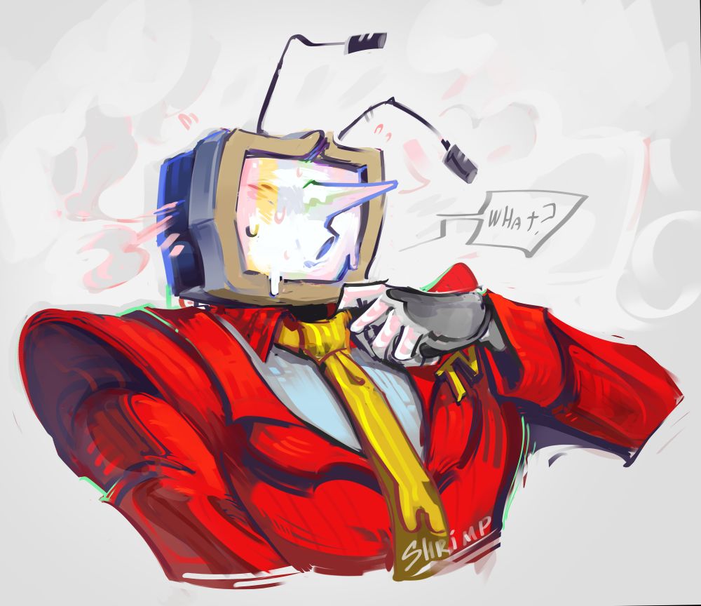 A digital drawing of  a TV-head character Mr. "Ant" Tenna from Deltarune with a flustered expression? tugging on his shirt collar and tie.