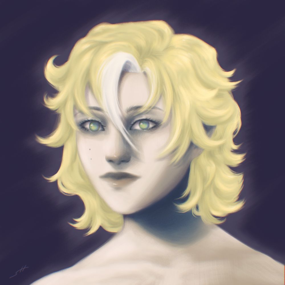 Portrait of a semi-feminine blonde individual with a streak of white hair and pupil-less opal eyes. Painted over a dark purple background with purple tinted shadows. 