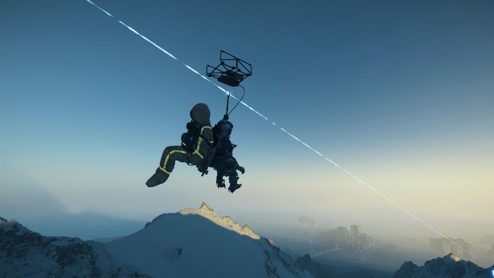 Sam traveling on a zip-line with the adventurer