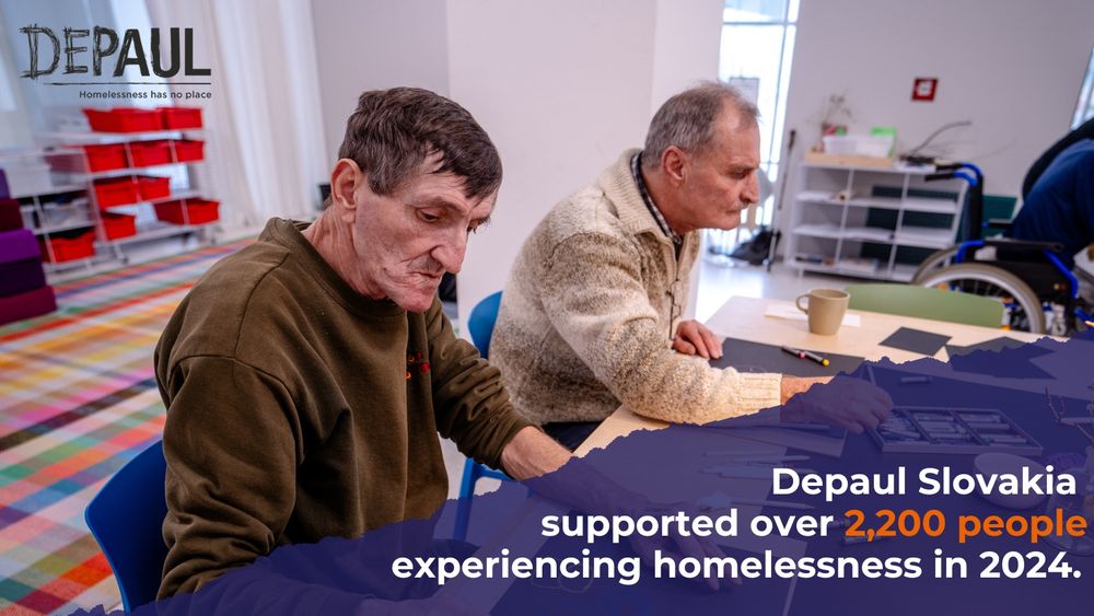 Depaul logo top left. Image shows two men drawing. Text reads 'Depaul Slovakia supported over 2,200 people experiencing homelessness in 2024.'