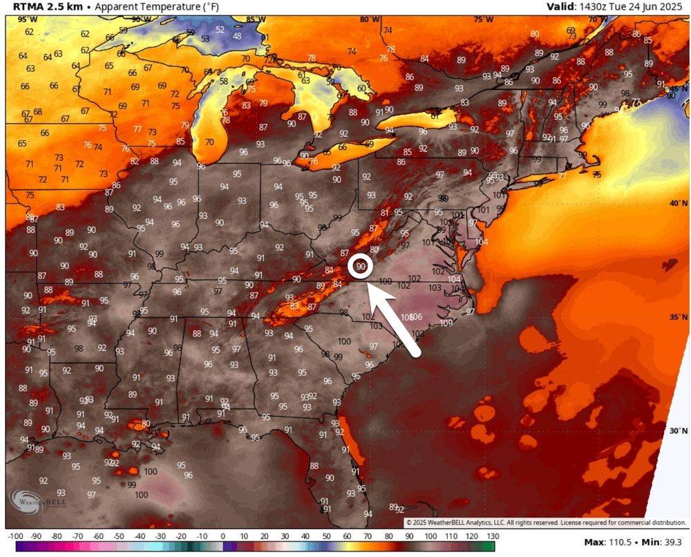 map of 'apparent temperature (˚F)' of the eastern United States with Blacksburg, VA highlighted with a white circle and arrow 
