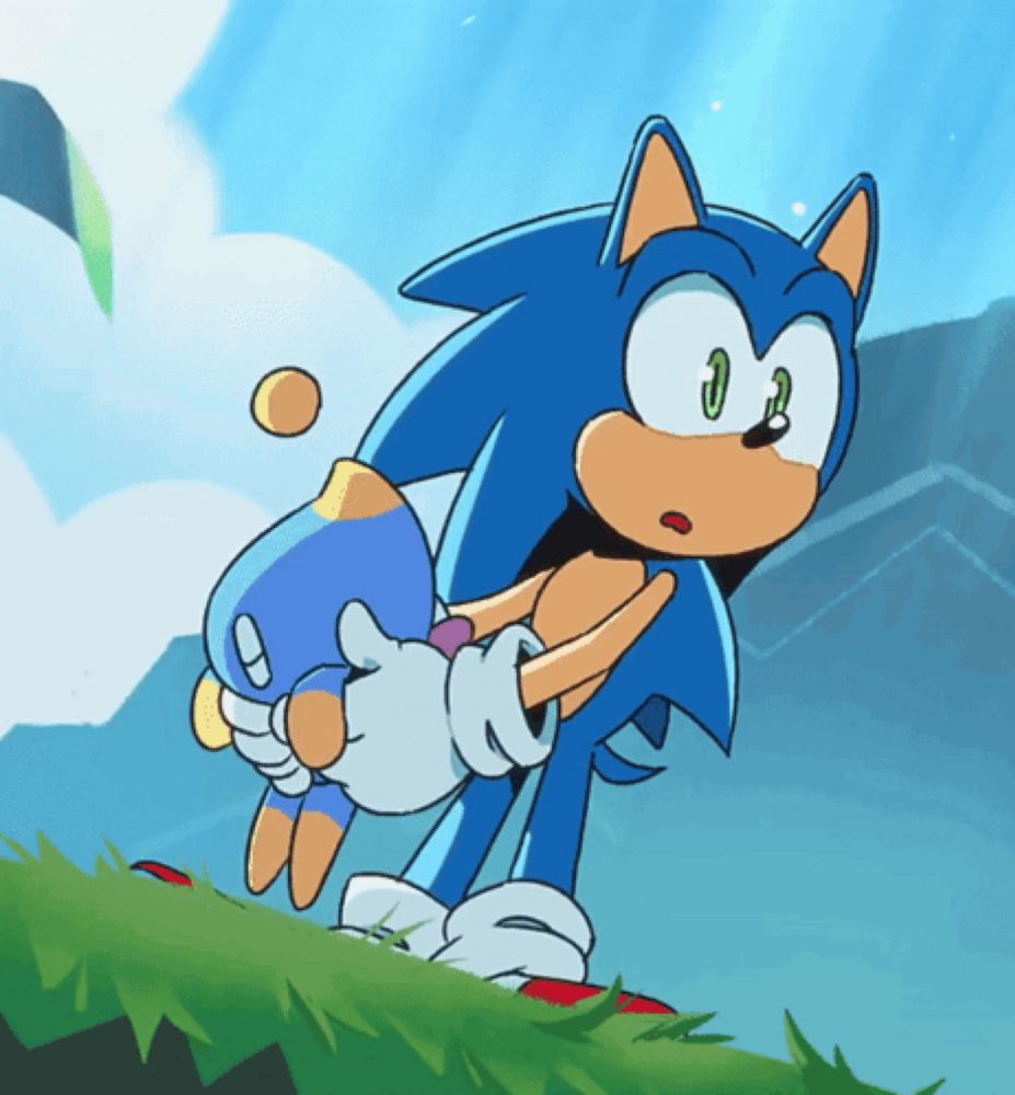 a cartoon drawing of sonic the hedgehog standing on a grassy hill