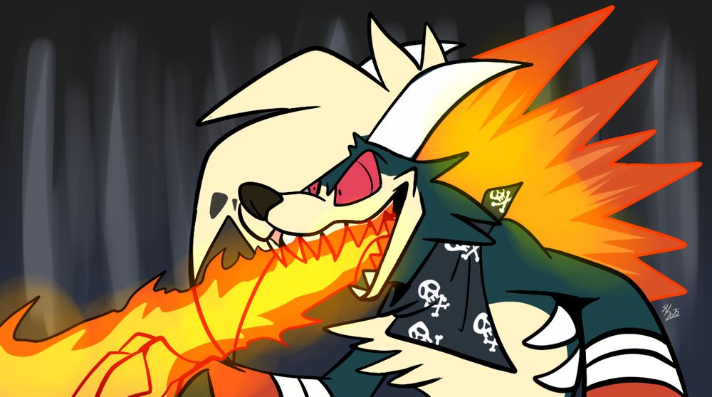 Anthropomorphic Pokemon hybrid of Houndoom, Typhlosion, and Midnight Lycanroc in a skull and crossbones bandanna using flamethrower. Image is halfbody with a gray background.