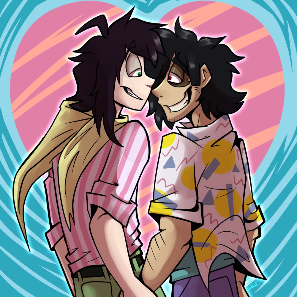 Two guys holding hands while wearing 80s-esque outfits. Crom, a pale guy with dark hair, green eyes, a pink vertical striped button up shirt and yellow scarf and green pants on the left. Blaine, a tan guy with dark hair and a open button up shirt with a Memphis group design pattern on it, a teal shirt underneath, and purple pants. Background is a heartshaped sky blue background with darker sky blue stripes, and a pink heart with slight orange scribble colors within. The subjects are looking into eachothers eyes, holding hands, and grinning.