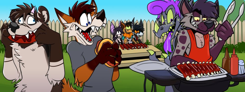 A bunch of anthropomoprhic animals eating at a bbq, most having ribs, one having a burger.