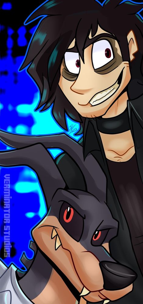Pictured: Blaine, a Digimon tamer with black hair, crimson eyes, tan skin, a dark gray overshirt and red shirt. His Digimon, Dobermon, a doglike Digimon resembling the doberman breed is also pictured.