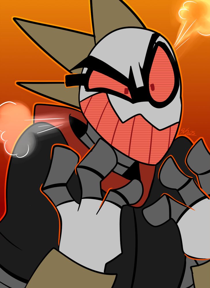 A robot with red screen eyes and teeth fuming and looking pissed off.