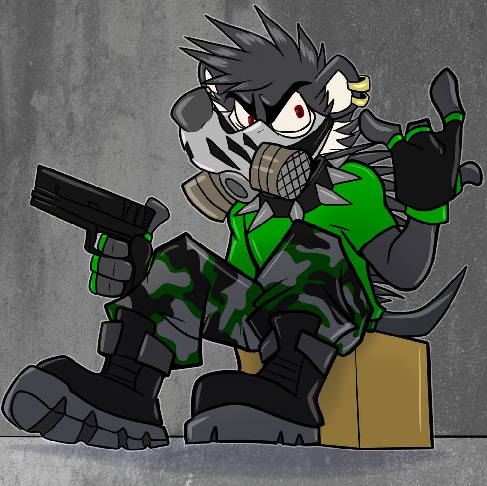 cartoony anthropomorphic hedgehog wearing camo and a spiked collar and gas mask holding a pistol