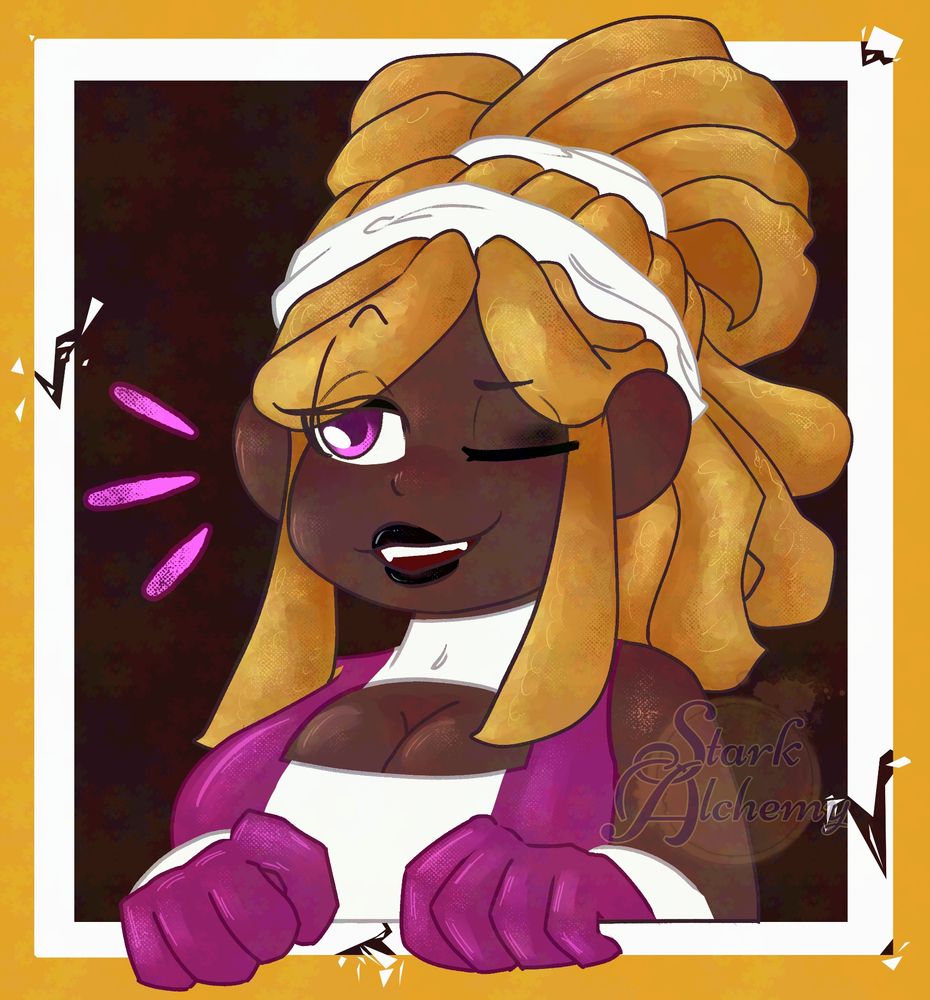 A black woman with blonde locks who is winking and smiling as she breaks the border with her strength. She wears a deep pink and white suit with a window for boobs and a set of gloves. Her hair is up in a loose knot.