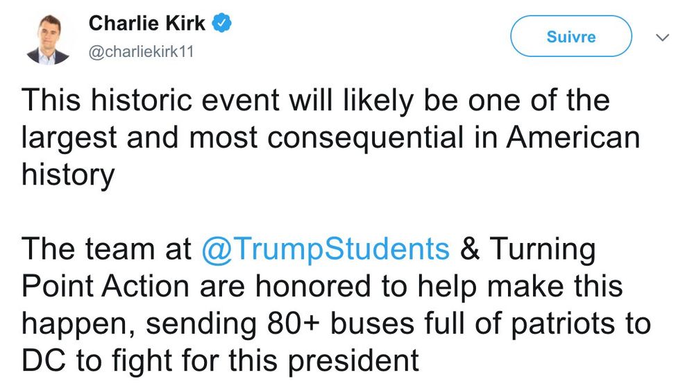Charlie Kirk vor dem 6.1.2021: „This historic event will likely be one of the largest and most consequential in American history
The team at @TrumpStudents & Turning Point Action are honored to help make this happen, sending 80+ buses full of patriots to DC to fight for this president“