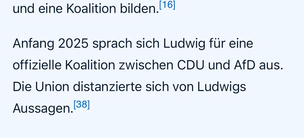 Wikipedia: „Anfang 2025 sprach sich Saskia Ludwig für eine offizielle Koalition zwischen CDU und AfD aus. Die Union distanzierte sich von Ludwigs Aussagen.“