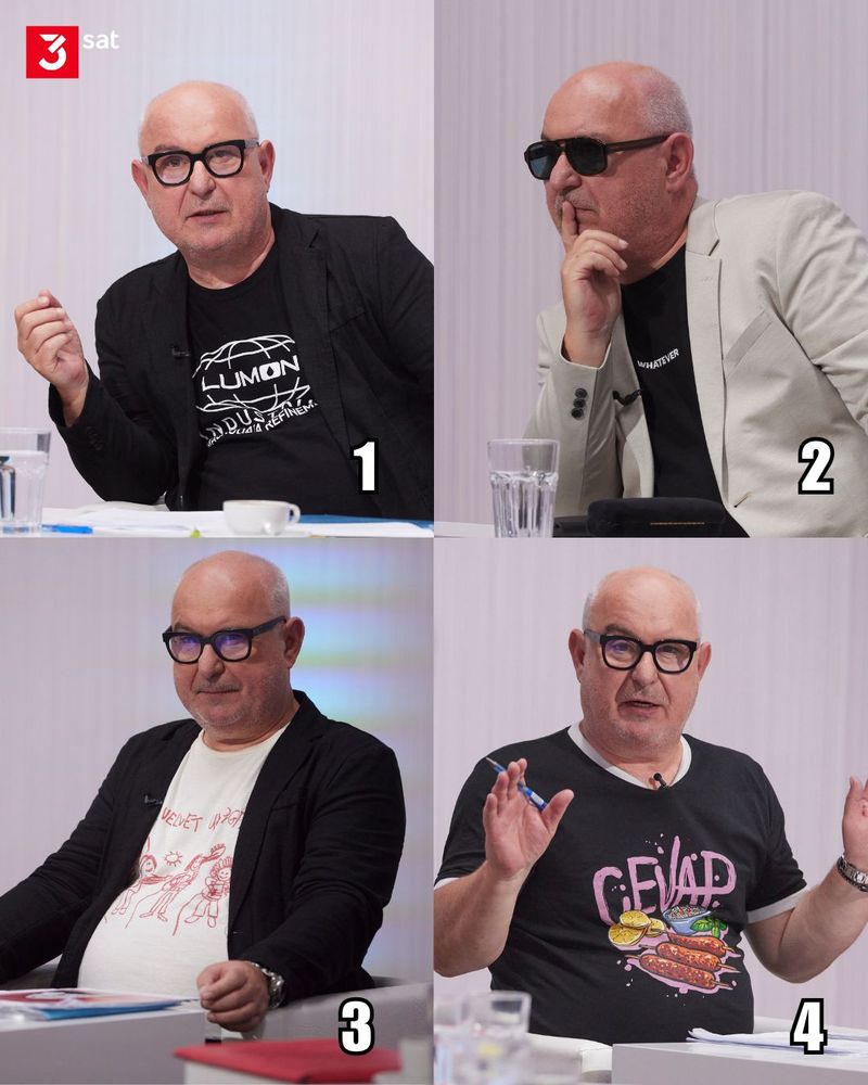 Ein Collage eines Mannes mit Brille. Verschiedene Outfits zu sehen. 