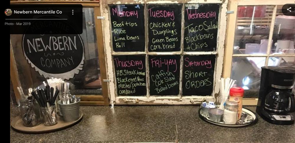 Menu at the cafe just two buildings north. Menu with the weekly offerings (dumplings on tuesdays, catfish fridays, etc)