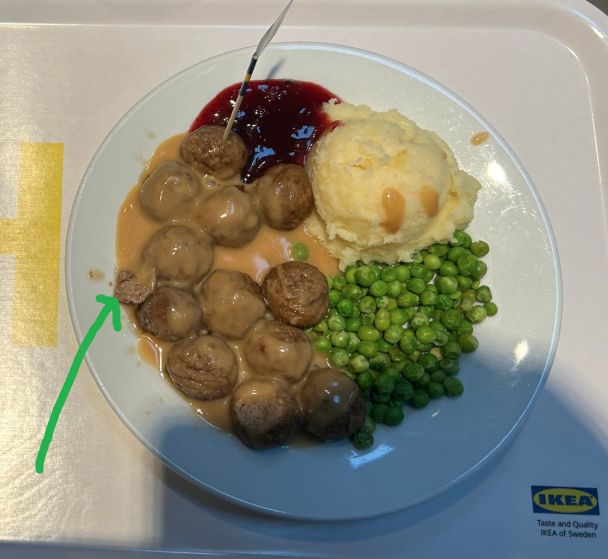 green arrow pointing to a small piece of meat on a plate of meatballs