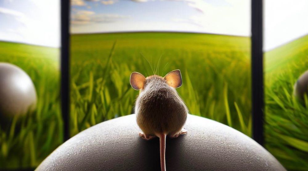 An illustration of a mouse on a ball looking at a field of grass displayed on monitors.