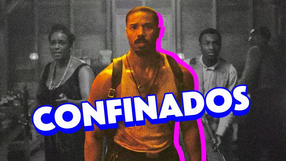 Frame do filme pecadores com o ator Michael B Jordan em destaque em cores enquanto o resto da imagem está em preto e branco. Texto em diagonal por cima do ator: CONFINADOS