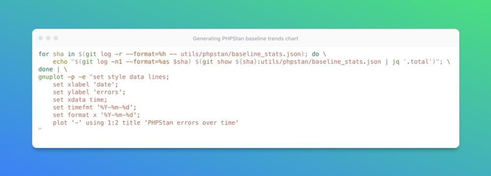 for sha in $(git log -r --format=%h -- utils/phpstan/baseline_stats.json); do \
    echo "$(git log -n1 --format=%as $sha) $(git show ${sha}:utils/phpstan/baseline_stats.json | jq '.total')"; \
done | \
gnuplot -p -e "set style data lines;
    set xlabel 'date';
    set ylabel 'errors';
    set xdata time;
    set timefmt '%Y-%m-%d';
    set format x '%Y-%m-%d';
    plot '-' using 1:2 title 'PHPStan errors over time'
"