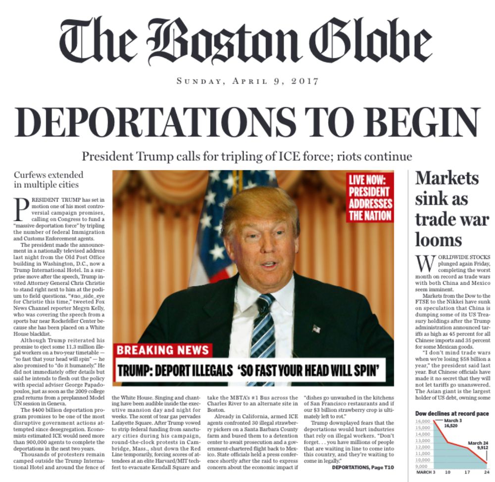 Main hed says "DEPORTATIONS TO BEGIN" and "Markets sink as trade war looms."