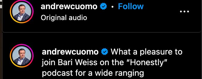 @andrewcuomo What a pleasure to join Bari Weiss on the “Honestly” podcast for a wide ranging
