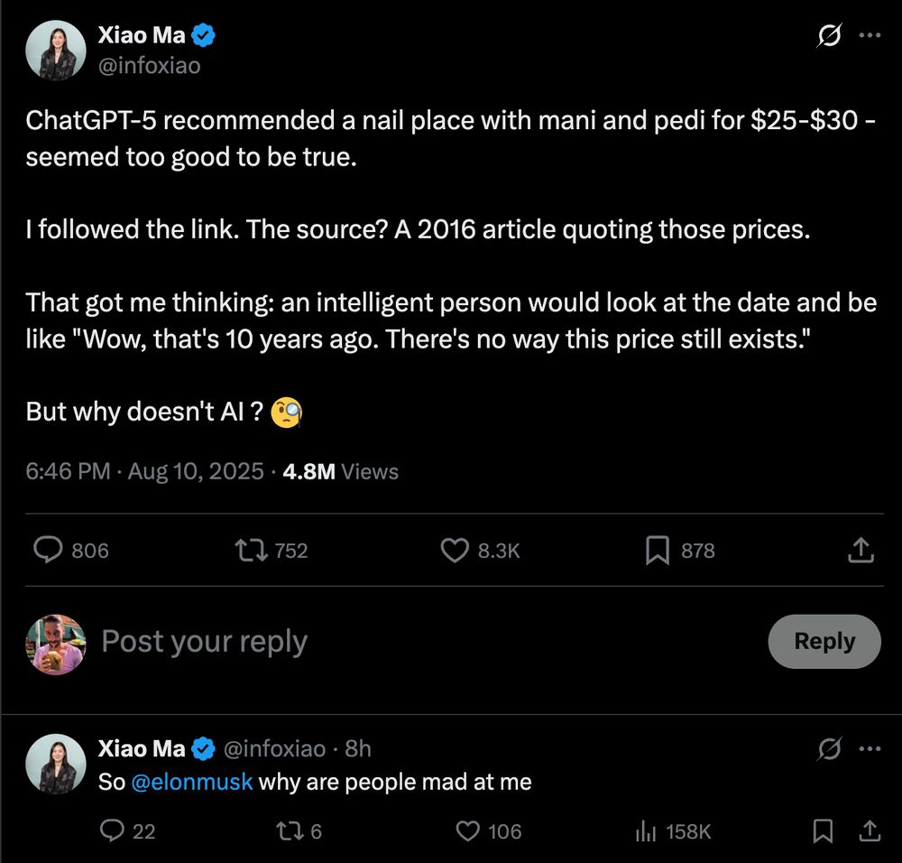 Someone on Twitter realizing ChatGPT is bad then begging Elon Musk to save her