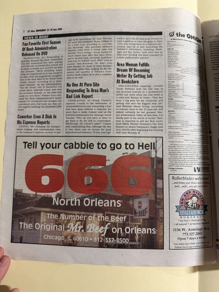 Ad: Tell your cabbie to go to Hell
666
North Orleans
The Number of the Beef
The Original Mr. Beef on Orleans