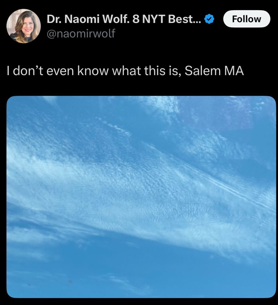 Naomi Wolf saying “I don’t even know what this is, Salem, MA” with a picture of the sky.