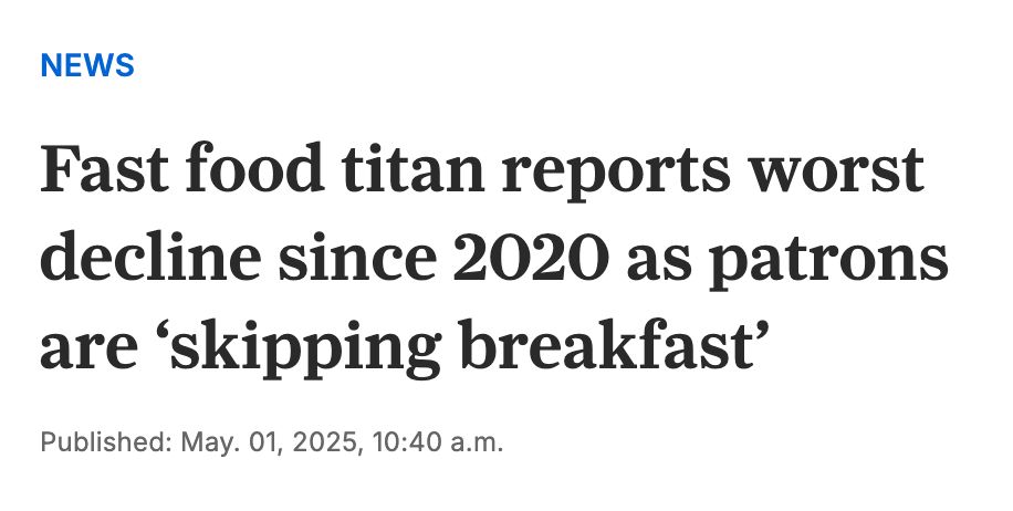 headline: Fast food titan reports worst decline since 2020 as patrons are ‘skipping breakfast’
