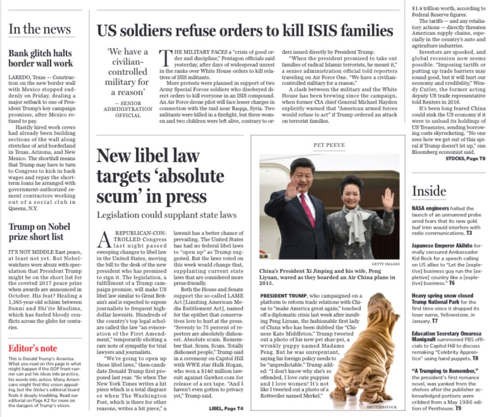 Headlines read "US soldiers refuse orders to kill ISIS families" and "New libel law targets 'absolute scum' in press"