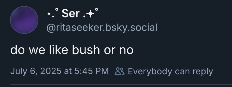 @ritaseeker.bsky.social: "do we like bush or no"