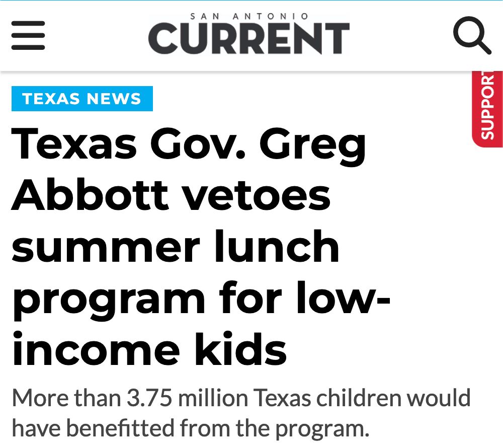 Texas Gov. Greg Abbott vetoes summer lunch program for low-income kids
