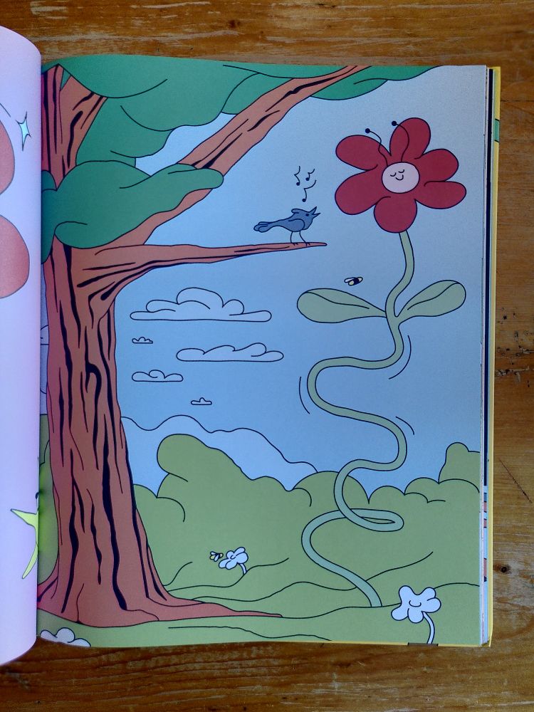 Page intérieure du livre Vivace, album jeunesse de Gabriel Sabourin. On y voit sur la gauche un arbre sur une branche duquel un geai bleu pépie. Sur la droite une fleur géante aux pétales rouges semble apprécier le chant de l'oiseau.