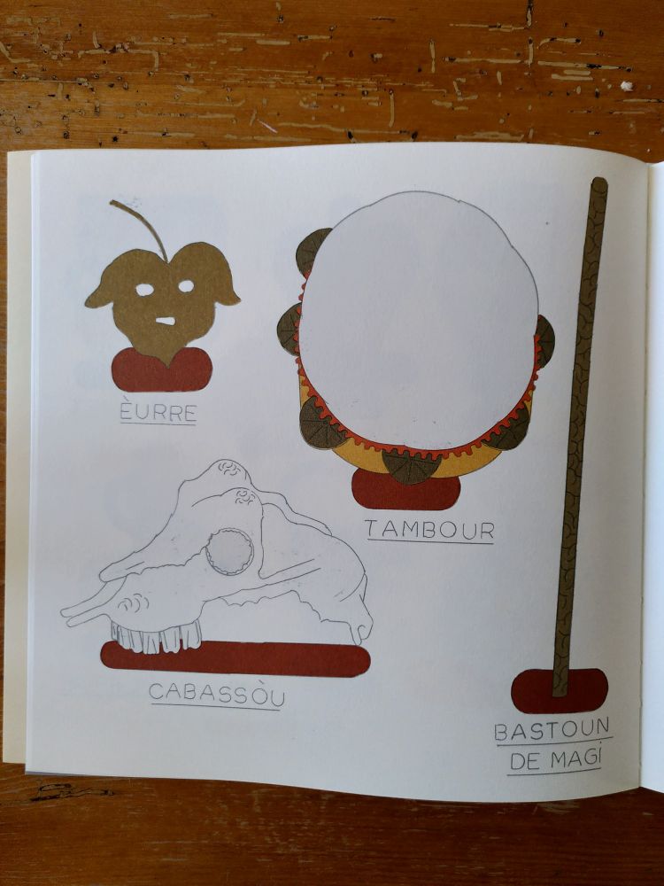 Page intérieure du livre GRÒS SANTOUN de Bettina Henni. Plusieurs objets traditionnels de Provence ornent la page avec en dessous le terme provençal pour les désigner.