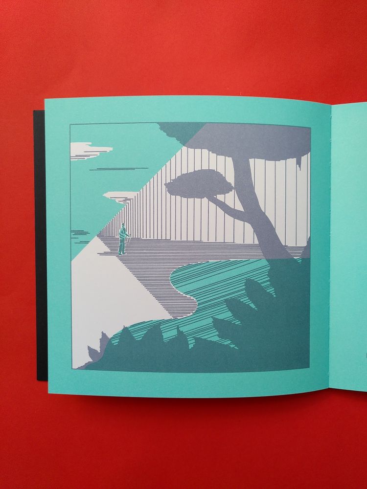 Page intérieure du livre L'ESCALIER de David Adrien où l'on voit un arbre et des bosquets en premier plan et un homme au loin sur la marche d'un escalier géant. 