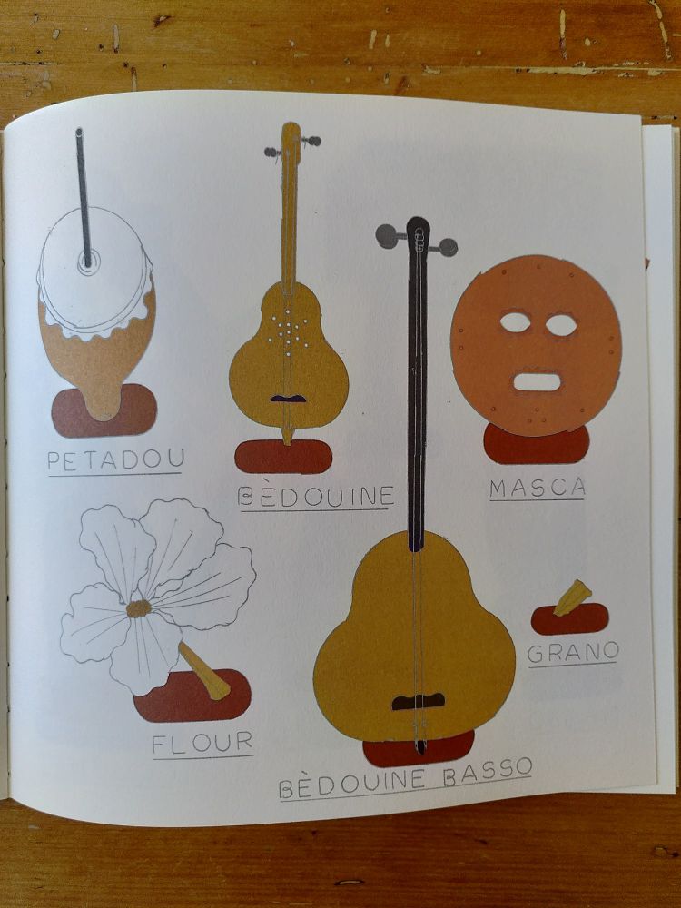 Page intérieure du livre GRÒS SANTOUN de Bettina Henni. Plusieurs objets traditionnels de Provence ornent la page avec en dessous le terme provençal pour les désigner.