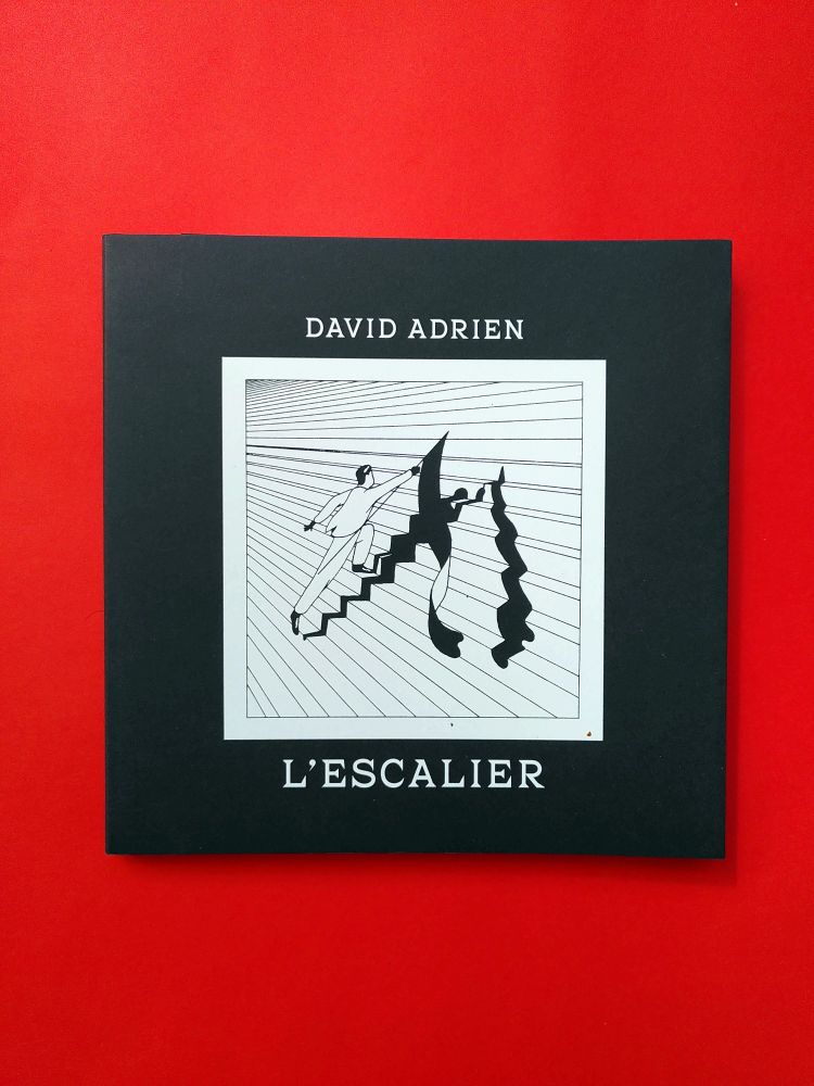 Couverture de L'ESCALIER de David Adrien. Sur fond bleu sombre se détache une vignette blanche où l'on voit un homme grimper un escalier, un drapeau noir à la main.