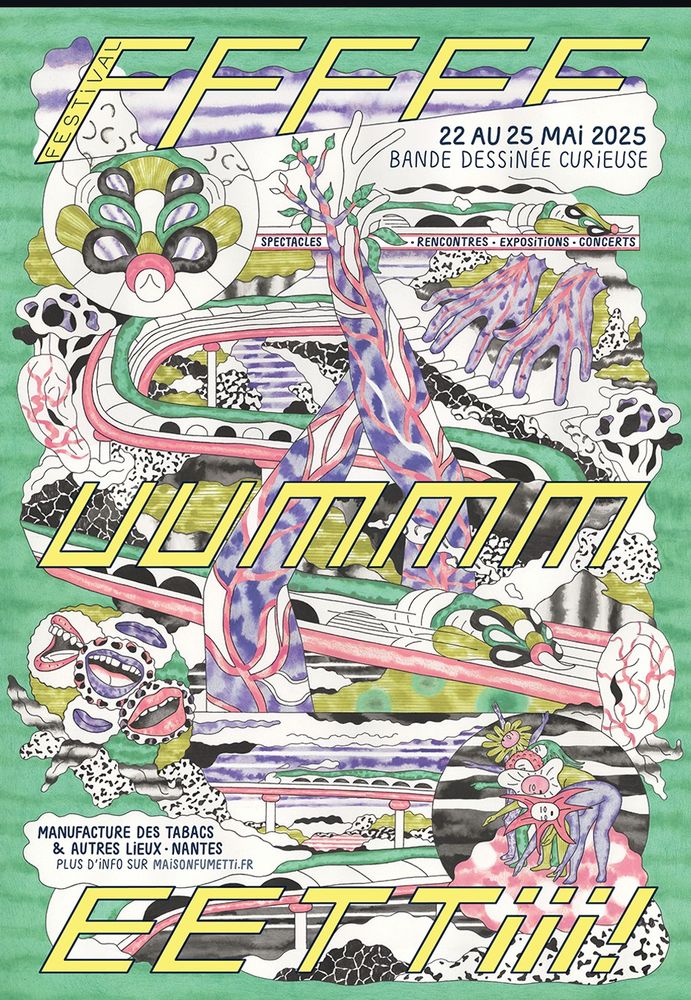 Affiche du festival de bandes dessinées Maison Fumetti par l'artiste Gwenola Carrère. Sur un fond vert de nombreux éléments s'ajoutent à une route principale zigzaguant de haut en bas de l'affiche. Barrant le dessin à l'horizontale, des onomatopées de bruit de moteur sont inscrites en gros et en jaune.