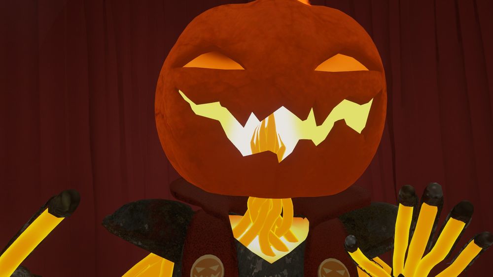 A pumpkin headed avatar looking very spooky in front of a red curtain.