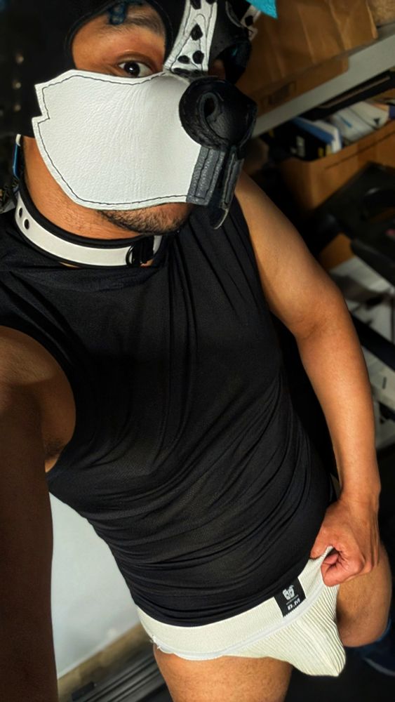 Pup Zeon stands on a treadmill in a mesh tank and jockstrap with a chastity bulge.