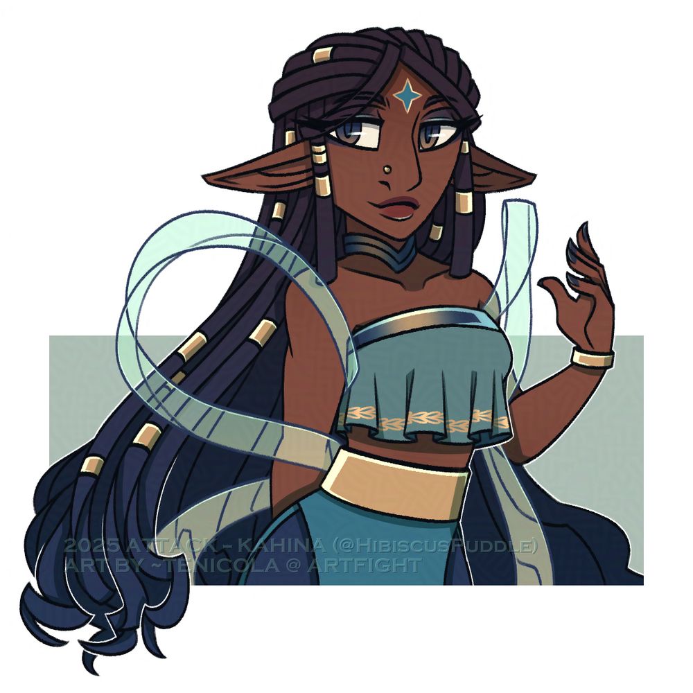 Artwork of my 2025 ArtFight attack, featuring Kahina -- an elvish diviner with pointed ears and very long, natural hair in smooth dreadlocks. She wears a blue and green outfit with gold and metallic regalia, and a green ceremonial sash around her arms. Kahina belongs to @hibiscuspuddle.bsky.social