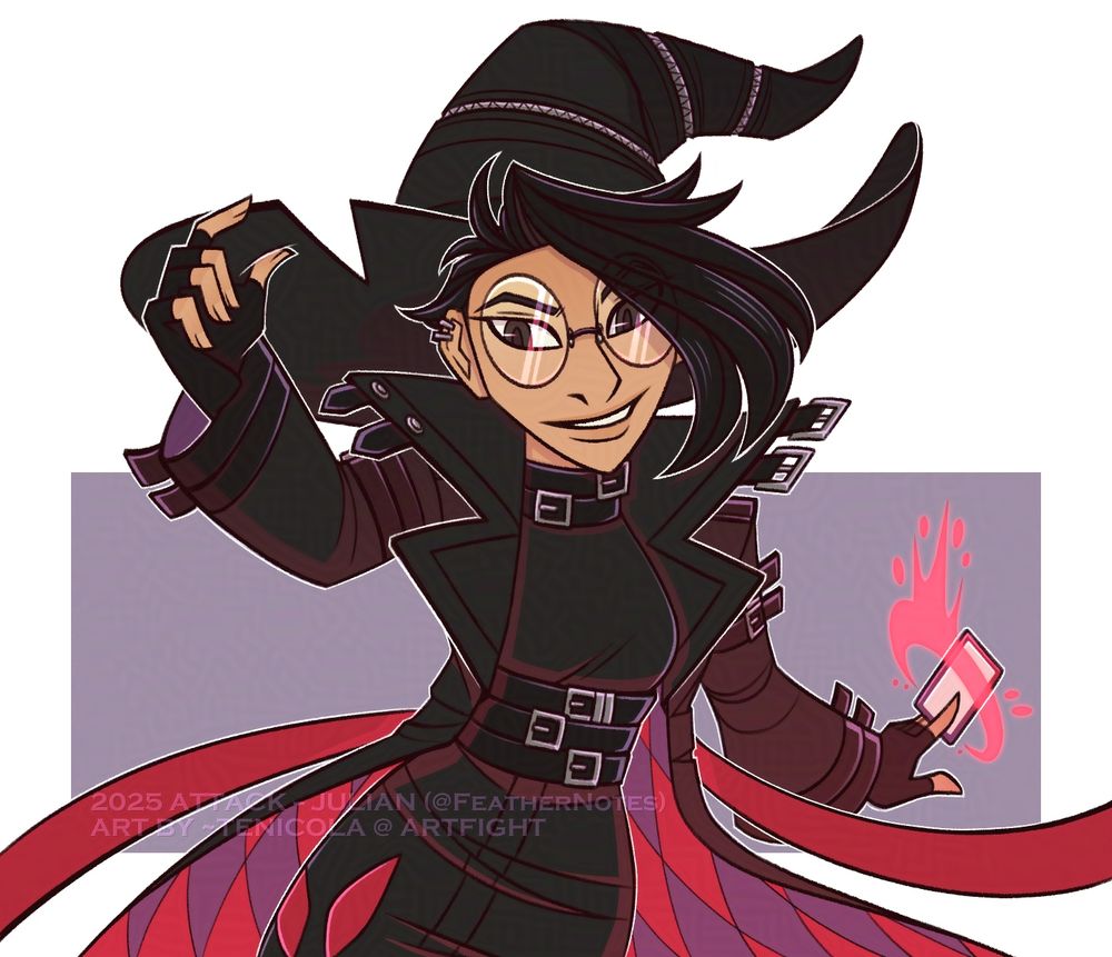 Artwork of my 2025 ArtFight attack, featuring Julian/Domino -- a mage wearing a black leather outfit with zippers, belt-buckles, and red and purple accents, including a long trench coat and a large, witchcraft-style pointed hat. Julian belongs to @feathernotes.bsky.social