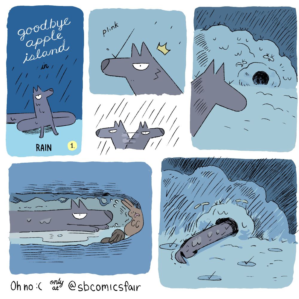 A comic about an unusually long wolf. It starts raining and sees a burrow. It burrows in, but because of his legnth, his bottom sticks out of the hole and gets rained on.