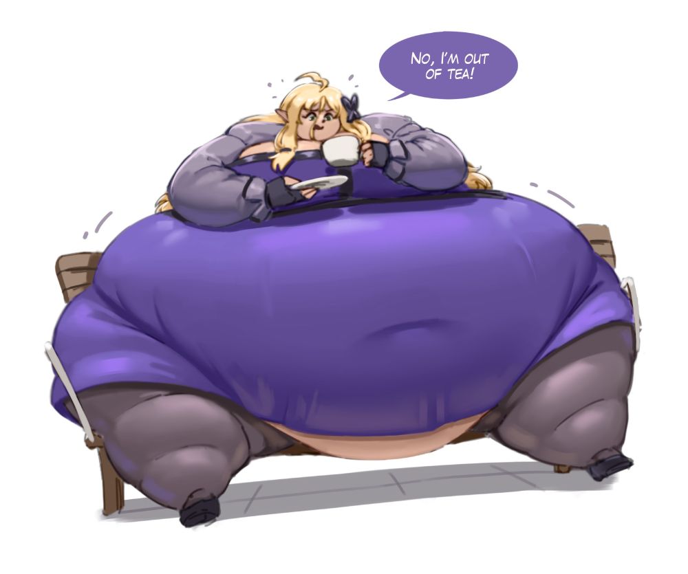 My oc, Luxia, now with belly and hips wide enough to fill a park bench, panicking over her tea being out.

Art by @ekusupanshon.bsky.social