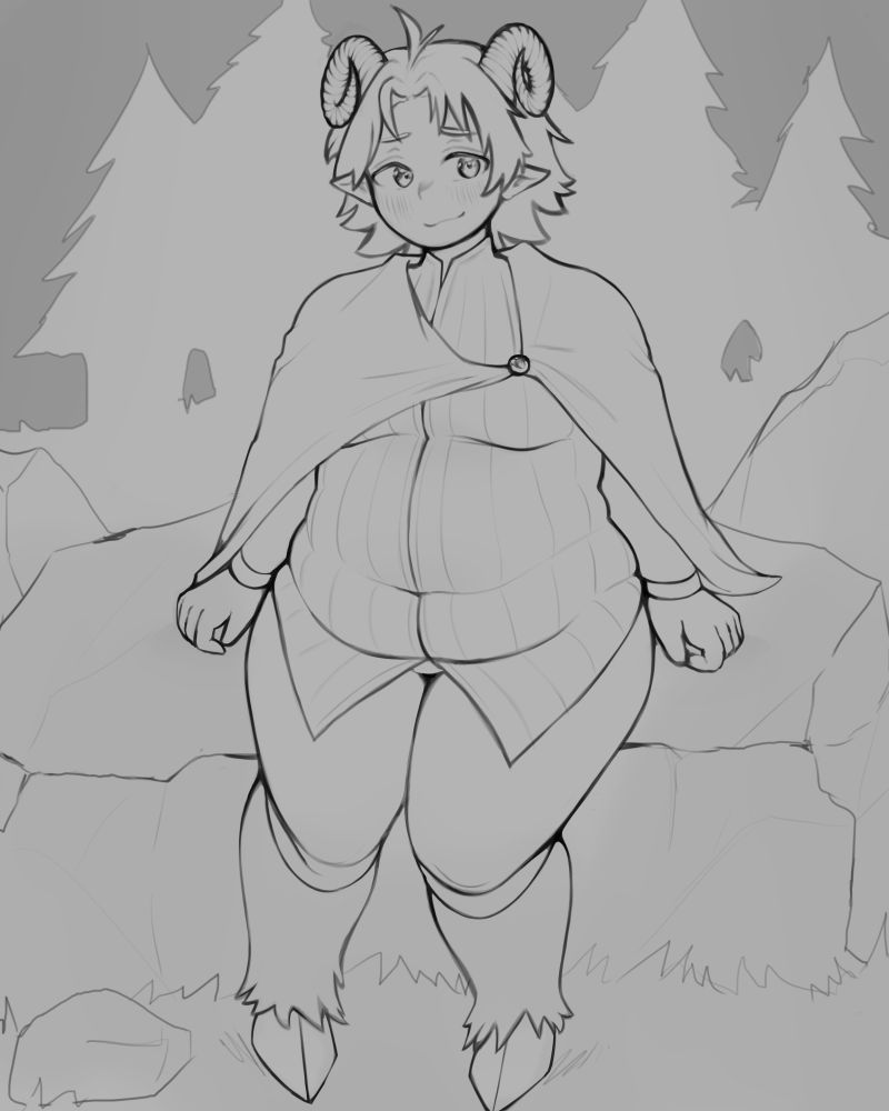 Greyscale image of an overweight male saytr, sitting on a rock.

he's a bit embarassed about having his portrait taken