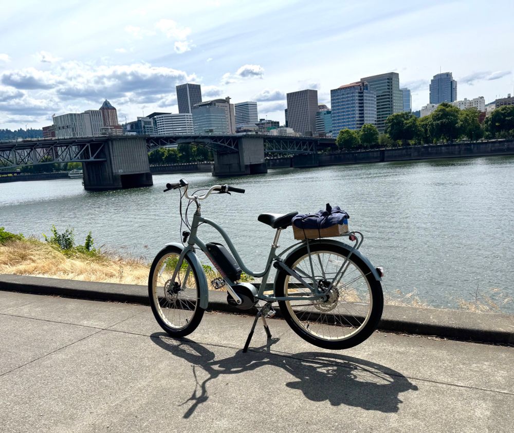 Electra Townie 5i parked along the Willamette River with Portland skyline in the background 
