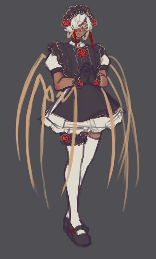 A sketchy drawing of the user's OC, Aziza, in a maid dress with rose accents. They appear embarrassed, their hands clasped in front of them.