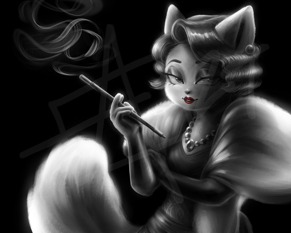 Black and white noir style painting of Mitzi May from Lackadaisy
